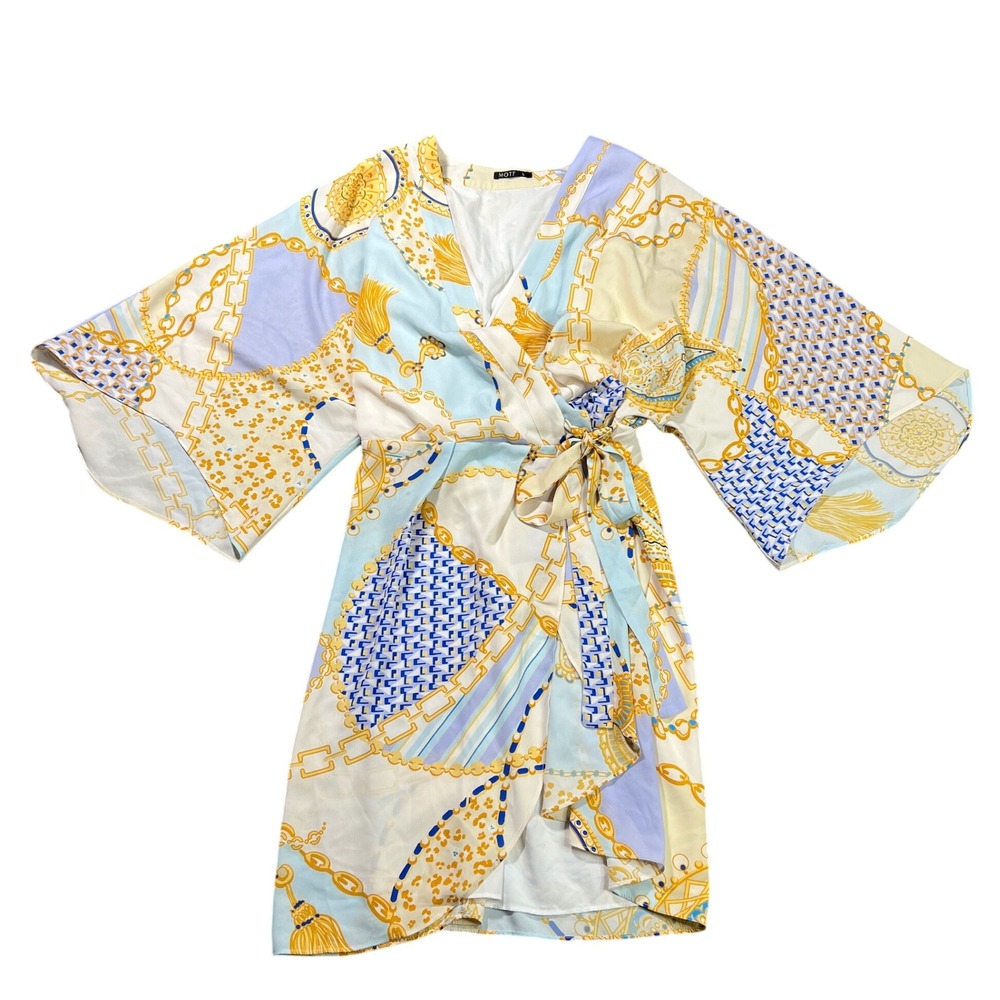 MOTF SHEIN Women's Large Scarf‎ Print Wrap Mini Dress Blue Gold Chain Tassel
